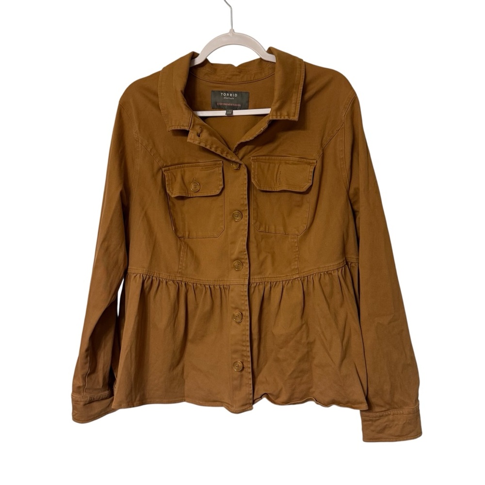 Torrid Twill Brown Button-Front Peplum Jacket